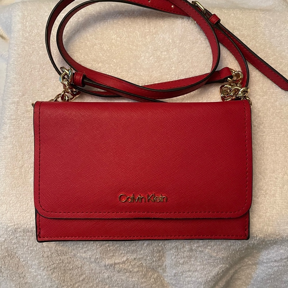 Calvin Klein CK Red Pebbled Leather Wallet On Chain Crossbody Bag